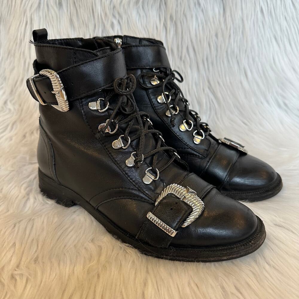 SCHUTZ Magda Combat Boots Leather Lace-Up Western Buckle Flat Boots, Black